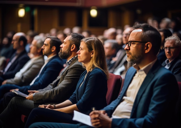 As pessoas sentam-se na sala de conferências.