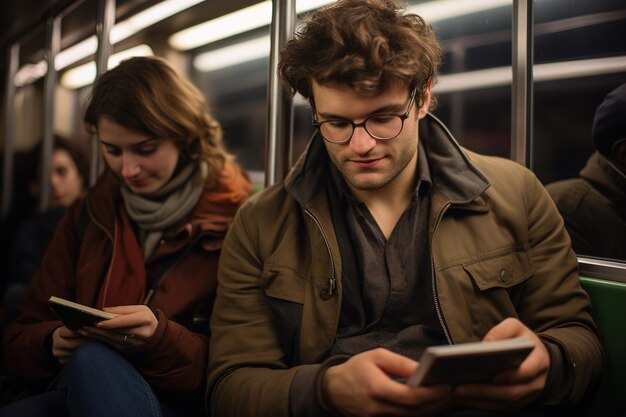 As pessoas viajam de metrô e leem livros em seus smartphones.