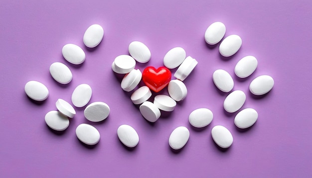 As pílulas de coração branco em um fundo colorido O conceito de uma vida saudável Doenças cardíacas Arritmia