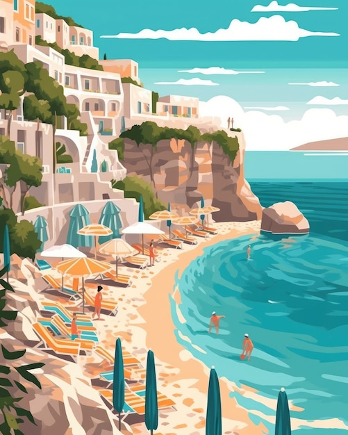 As praias de Santorini oferecem felicidade azul-turquesa Ilustração Generative AI