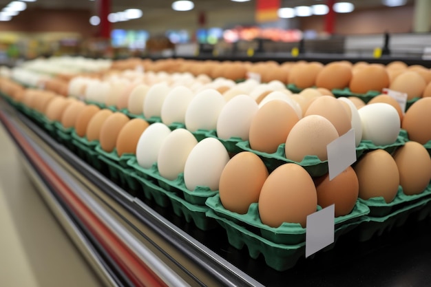 As prateleiras dos supermercados estão cheias de ovos gerados.