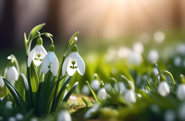 Foto as primeiras flores, as pálpebras de neve, o raio de sol com espaço para o texto.