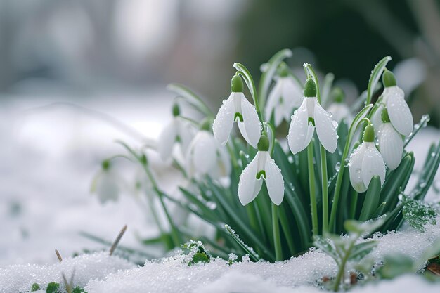 As primeiras pálpebras de neve da primavera emergindo através da neve a natureza efêmera capturada perfeita para temas sazonais imagem botânica serena AI