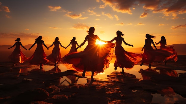 As raparigas dançam em frente ao pôr-do-sol Um grupo de mulheres de mãos dadas em frente a um pôr-do-sol