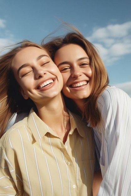 As raparigas sorriem e sorriem no céu