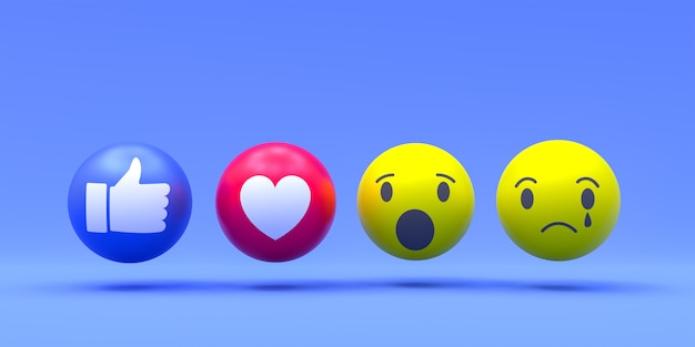 As reações do Facebook emoji 3d render, símbolo de balão de mídia social com símbolos do facebook