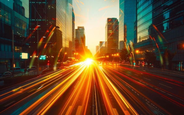 Foto as ruas da cidade do futuro com arranha-céus, luz do pôr-do-sol e linhas de velocidade.