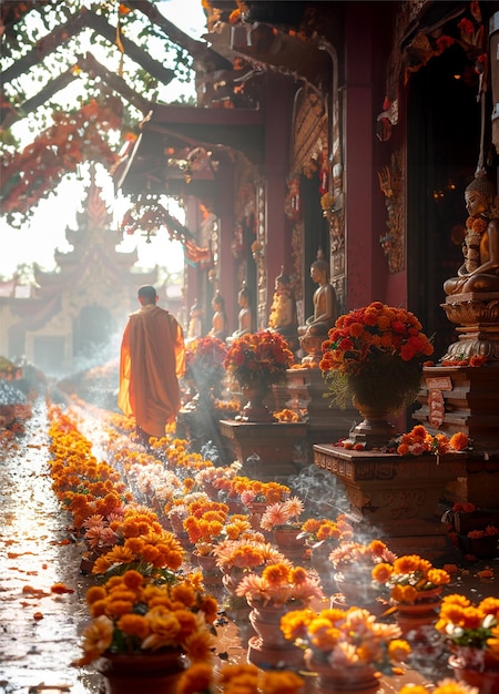 Foto as ruas e os templos são decorados com flores e lâmpadas em vesak