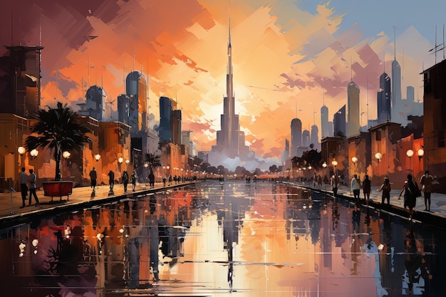 As ruas movimentadas e as águas cintilantes de Dubai ganham vida com pinceladas suaves e paletas vibrantes que capturam a essência impressionista da cidade ilustração generativa ai