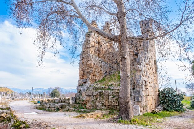 As ruínas da antiga cidade de perge perge é uma antiga cidade grega no sul do Mediterrâneo