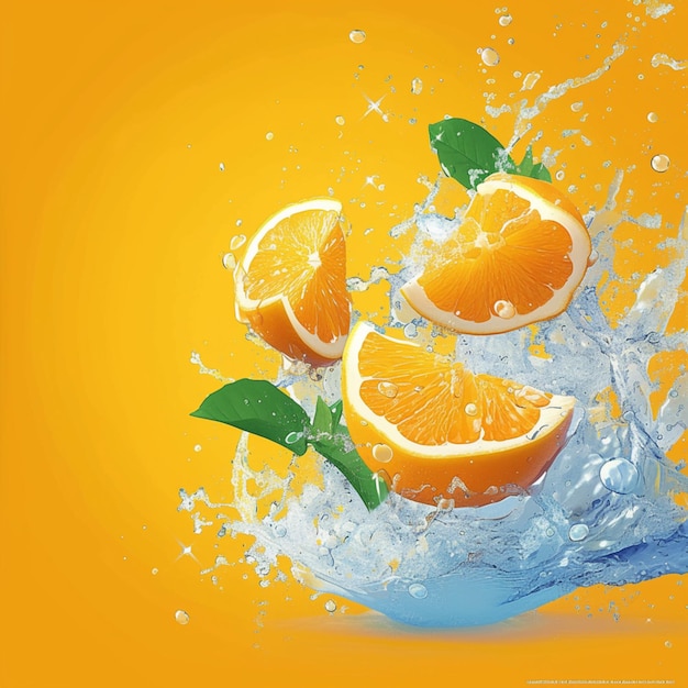 As salpicas de água em fatias de laranja frescas criam uma cena dinâmica para as redes sociais.