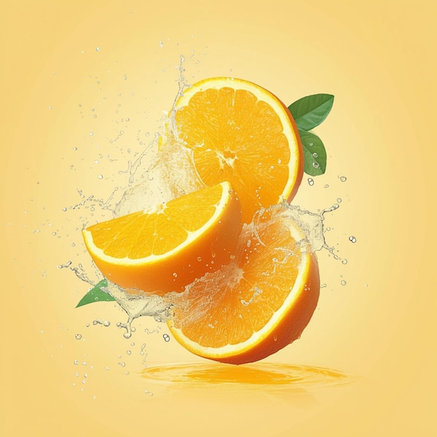 As salpicas de água em fatias de laranja frescas criam uma cena dinâmica para as redes sociais.