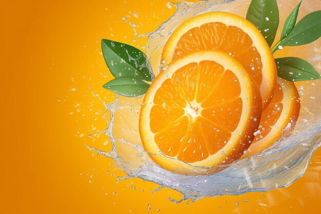 As salpicas de água em fatias de laranja frescas criam uma cena dinâmica