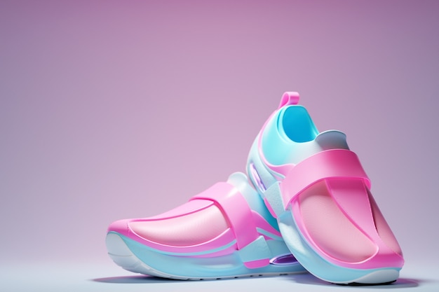 As sapatilhas maciças brilhantes da ilustração 3D com fechos em tons de rosa e azuis são retratadas em um fundo pastel. Um par de tênis esportivos novos.