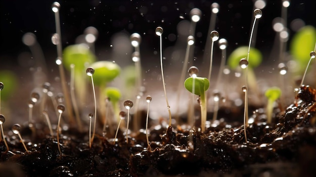 Foto as sementes crescem sequencialmente em solo fresco fértil com água gerar ia