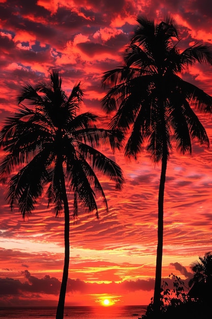 As silhuetas das palmeiras enquadram o vibrante céu do pôr-do-sol sobre o oceano