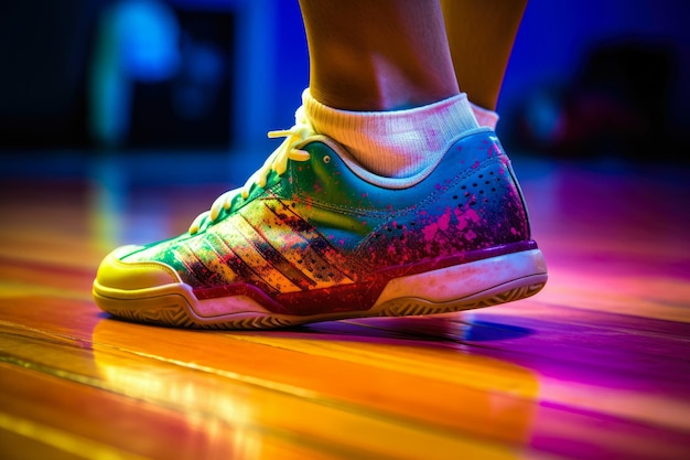 As solas coloridas dos sapatos de um jogador de raquete em midrun adicionando um elemento vibrante