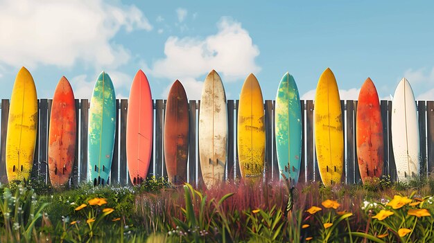 As tábuas de surf retrô de várias cores estão alinhadas contra uma cerca rústica as tábuas são velhas e desgastadas e a pintura está descascando