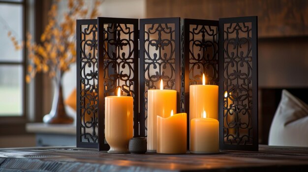 As telas de velas ornamentais de estrutura de metal preto contrastam lindamente contra os tons quentes do