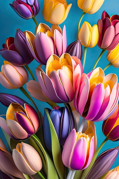 As tulipas estão exibidas num vaso.