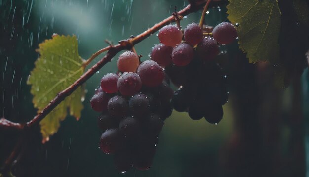 As uvas maduras na vinha sob a chuva