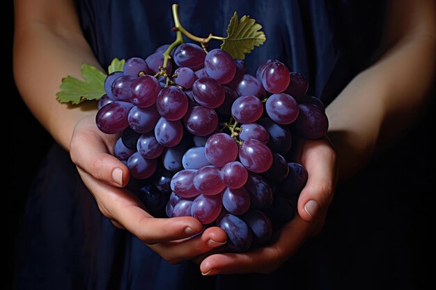 As uvas nas mãos de uma mulher