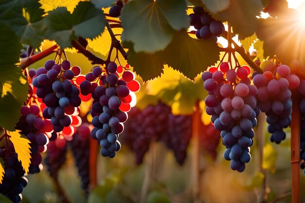 As uvas numa videira com o sol atrás delas