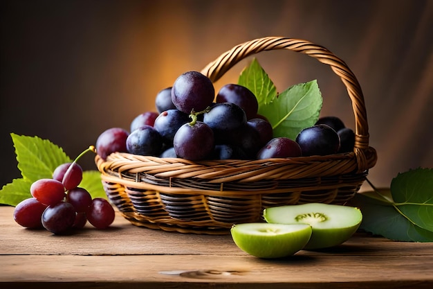 As uvas são colocadas numa cesta sobre uma mesa