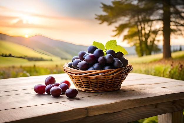 As uvas são colocadas numa cesta sobre uma mesa