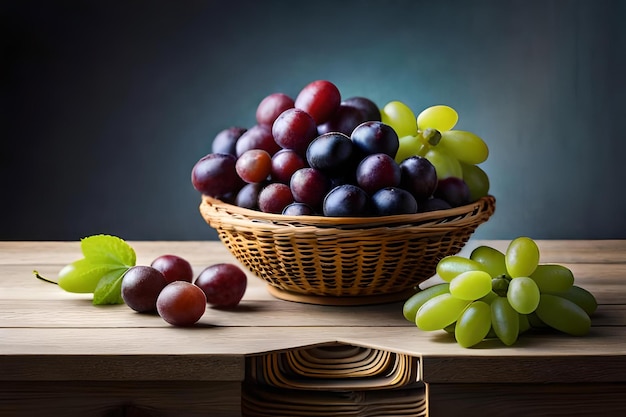 As uvas são colocadas numa cesta sobre uma mesa