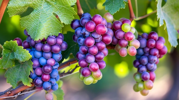 As uvas violetas e esmeraldas agrupadas na videira na árvore