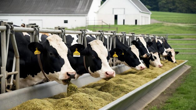 Foto as vacas de uma fazenda moderna comem ensilagem da mesa de alimentação