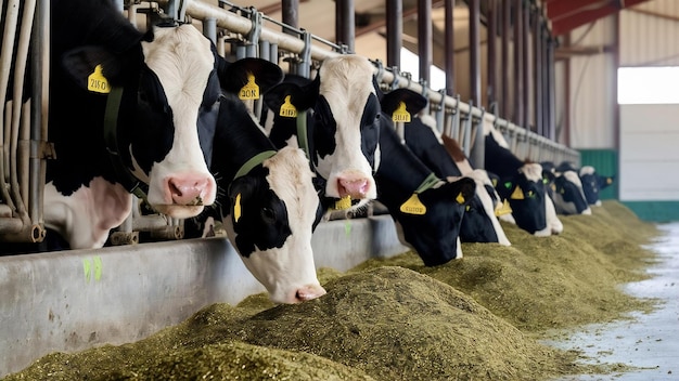 Foto as vacas de uma fazenda moderna comem ensilagem da mesa de alimentação