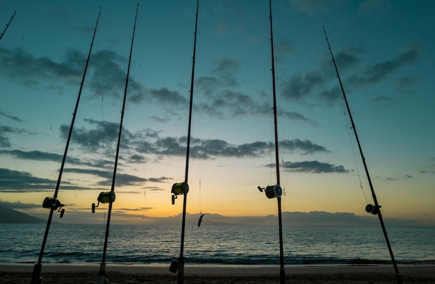 Foto as varas de pesca mantidas em suportes de varas de pesca as varas são dobradas pelo peso dos aparelhos de pesca