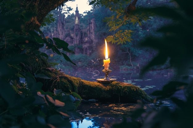 As velas piscam no meio da floresta mística evocando o encantamento oculto.