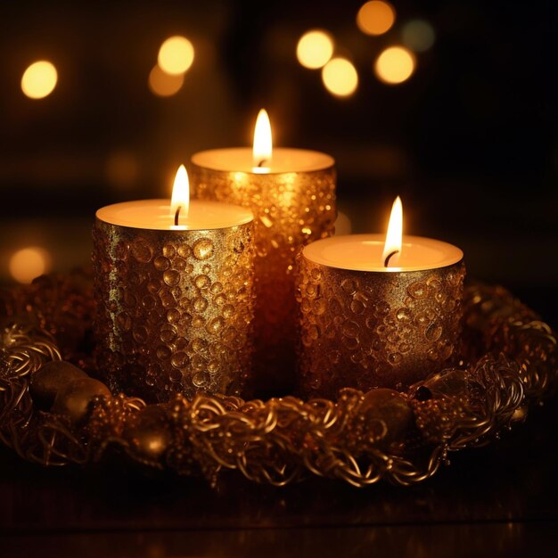 As velas são acesas em uma bandeja de ouro com uma corrente em torno dela generativa ai