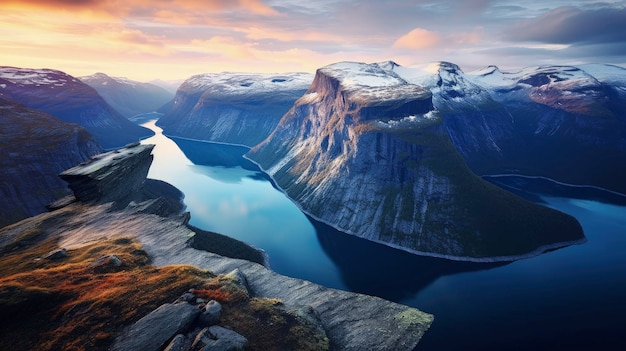 As visões panorâmicas da formação rochosa trolltunga norueguesa criadas com tecnologia de IA generativa