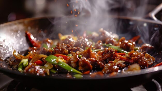 Un asado ardiente chisporroteando en un wok caliente con verduras vibrantes y carne tierna cubierta de salsa sabrosa