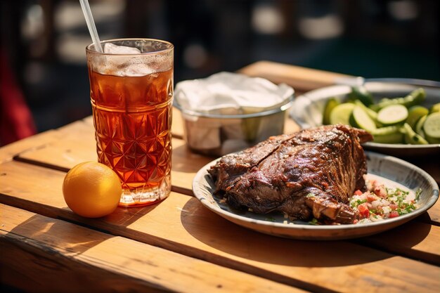 Foto asado en olla tierno y derretido con soda para el almuerzo en la mesa de madera con configuración al aire libre