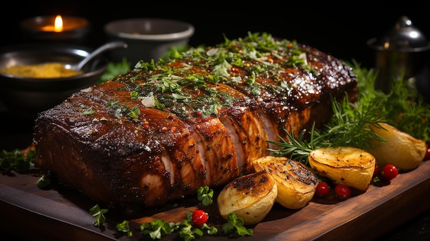 un asado con patatas y verduras en una tabla de cortar