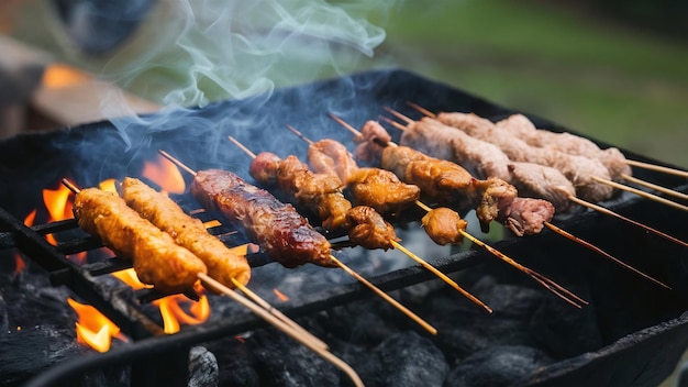 Asado de pollo y carne de cordero con fuego de carbón y humo