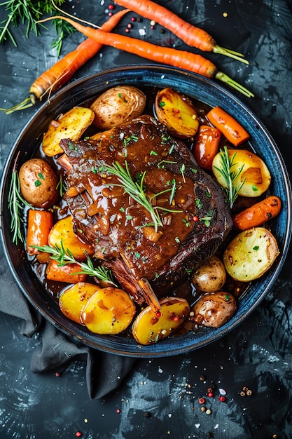 Un asado sabroso con verduras en el plato.