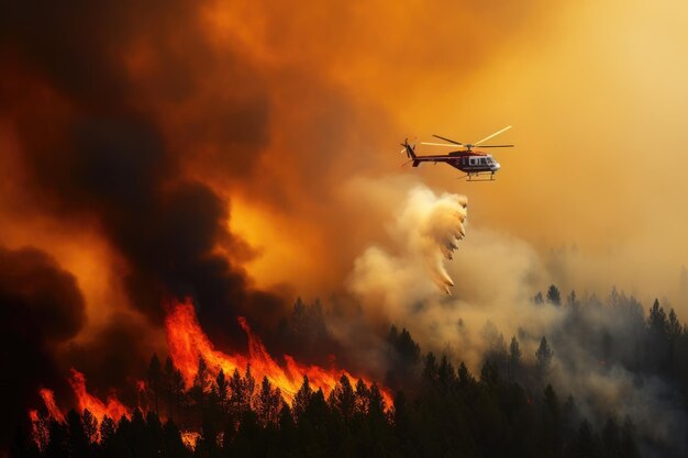 el asalto aéreo a un incendio forestal de montaña durante el crepúsculo con un enfoque en el paisaje expansivo