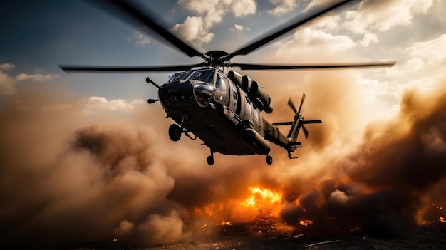 Asalto en helicóptero Entra en el corazón de una operación militar mientras un helicóptero se prepara para el despegue envuelto en humo embarcándose en una batalla a gran altitud en el cielo azul