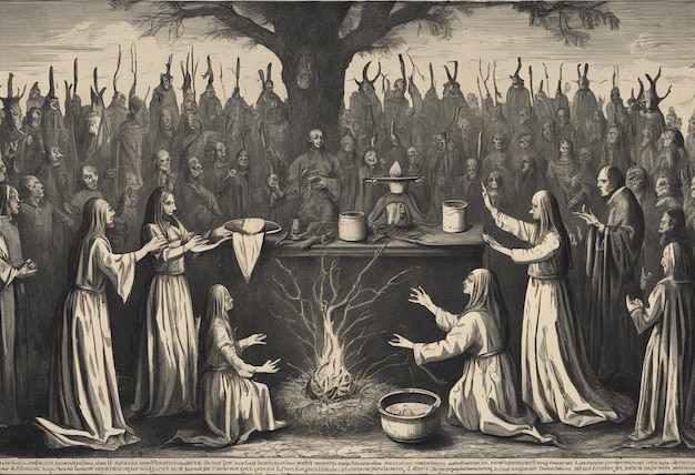 una asamblea de cultos heréticos que realizan rituales de brujería