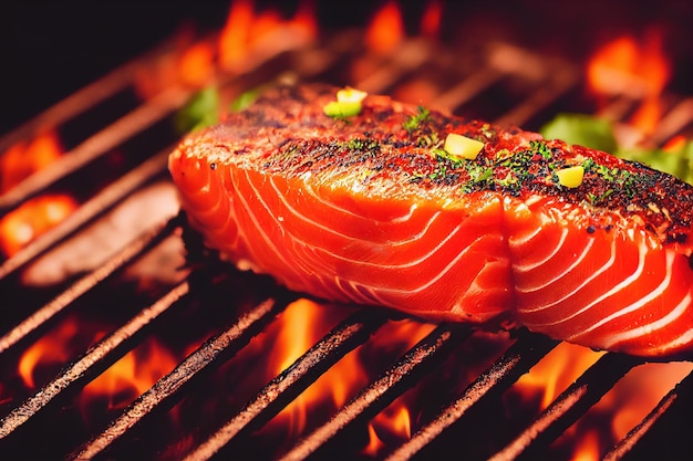 Asar filete de salmón a la parrilla en la parrilla de la barbacoa receta de barbacoa de mariscos de primer plano