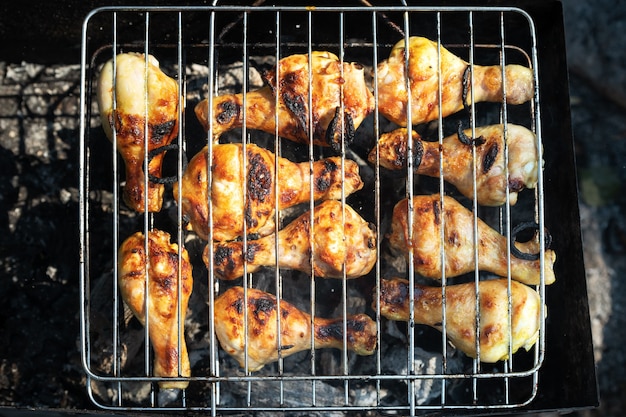 Asar pollo en parrilla de carbón en un picnic