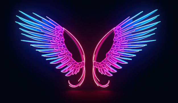 Foto asas de anjo neon com luzes azuis rosa abstraem fundo geométrico minimalista espectro uv cyber