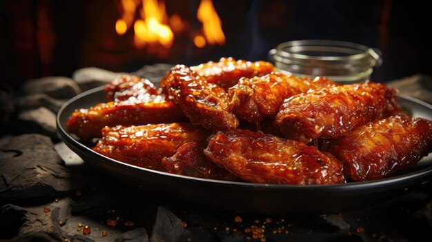 Foto asas de búfalo com molho quente derretido em uma mesa de madeira com um fundo desfocado