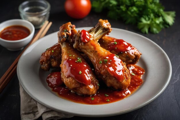 Foto asas de frango assadas ao estilo asiático e molho de tomate no prato